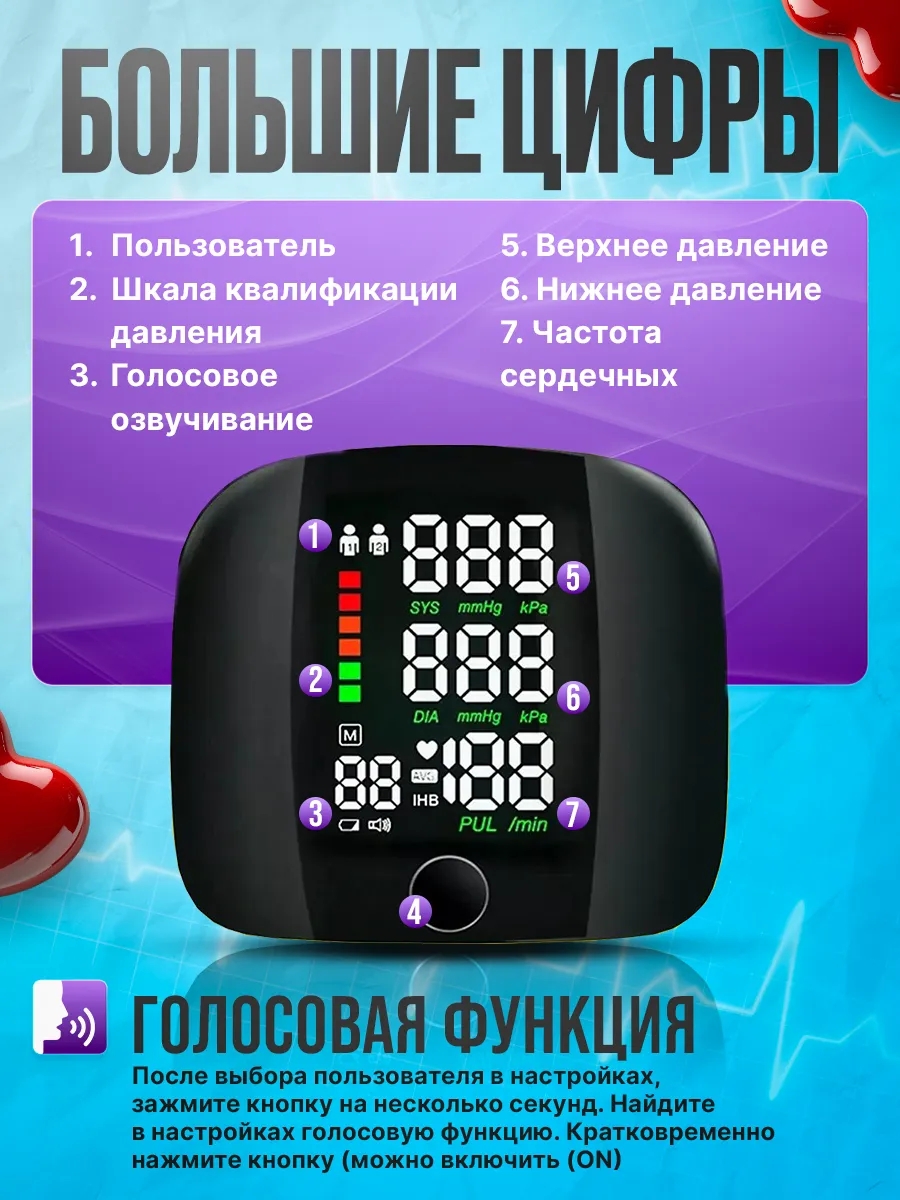 Цифровой тонометр на запястье c экраном